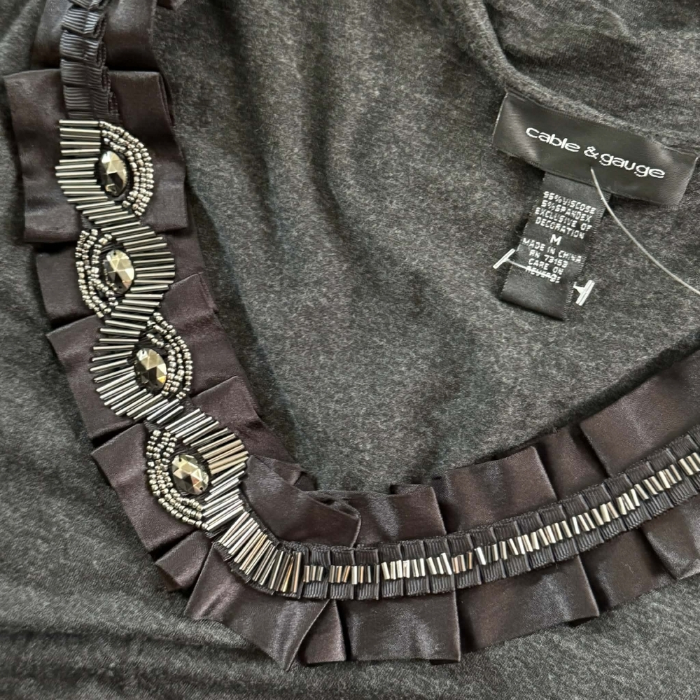 Cable & Gauge Charcoal Top with Beaded Neckline